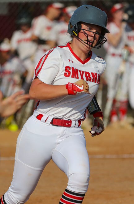 Smyrna's Adison Weisenberger legs out a base hit as the Eagles try to rally after falling behind in the fourth inning of Polytech's 8-3 win at Smyrna High School, Thursday, April 18, 2024.