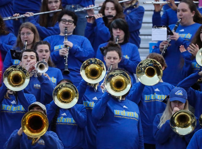 The UD Marching Band plays during the Blue and White Spring Game at Delaware Stadium, Friday, April 19, 2024.