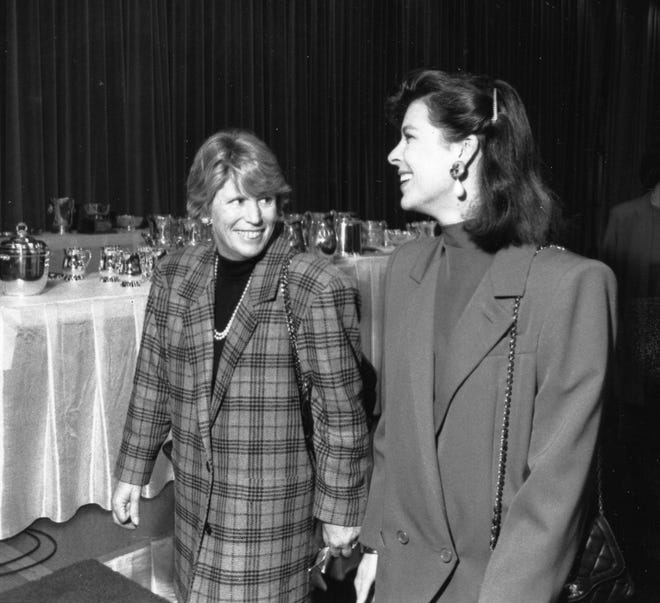 Marban Sparkman, left, president of the Garden Club of Philadelphia, accompanied by Princess Caroline of Monaco at the 1990 Philadelphia Flower Show awards luncheon.