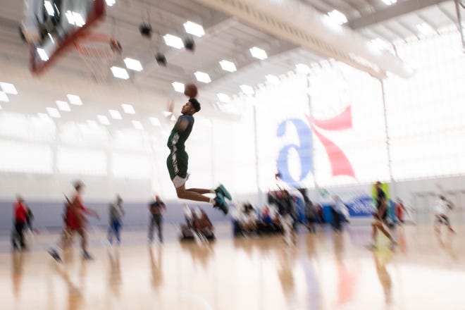 McKean's Rishaad Romeo dunks during Delaware Online Basketball Media Day Tuesday, Nov. 5, 2019 at the 76ers Fieldhouse in Wilmington, Del.