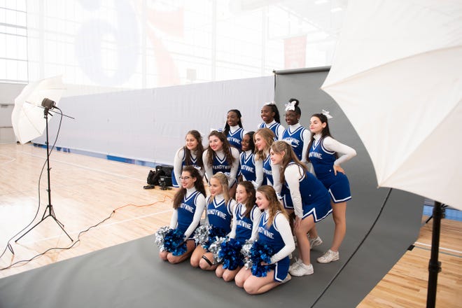 Brandywine cheerleaders pose as Delaware Online Basketball Media Day ensues Tuesday, Nov. 5, 2019 at the 76ers Fieldhouse in Wilmington, Del.
