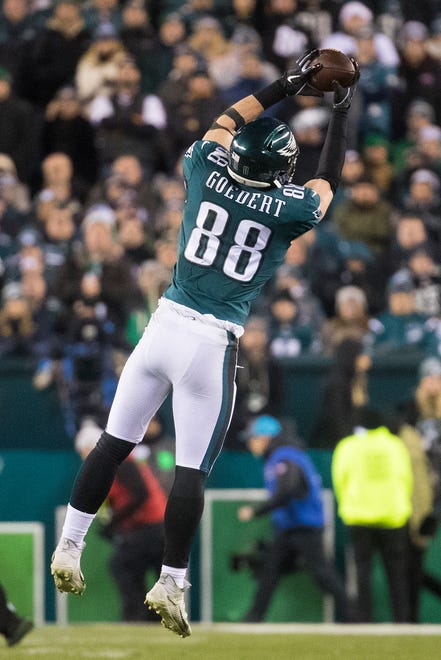 Eagles' Dallas Goedert (88) makes a leaping catch Sunday night at Lincoln Financial Field. The Seahawks defeated the Eagles ending their season 17-9.