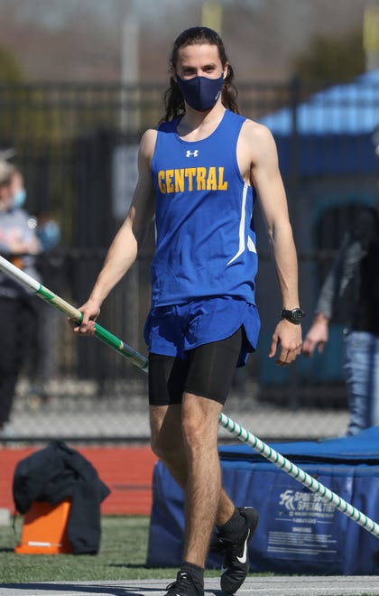 Sussex Central's Asher Timmons gets set for his next vault after clearing a pole vault on his way to winning the event during the DIAA state indoor track and field championships at Dover High School Wednesday, March 3, 2021.